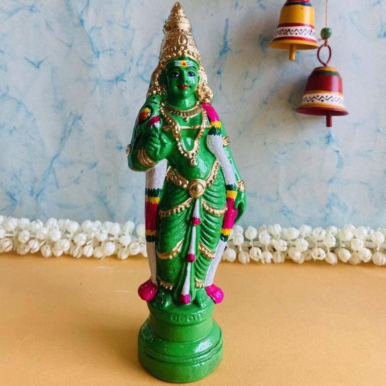 Handcrafted small Goddess Meenakshi idol in green attire with pink and gold accents for Navaratri Golu.