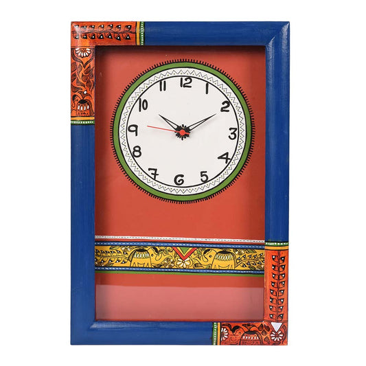 Wall Clock Handcrafted Madhubani Blu/Red With Glass