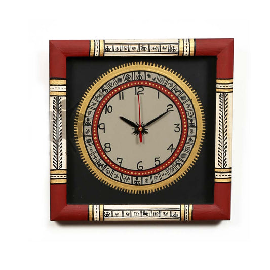 Wall Clock Handcrafted Warli Art Blu With Glass Frame