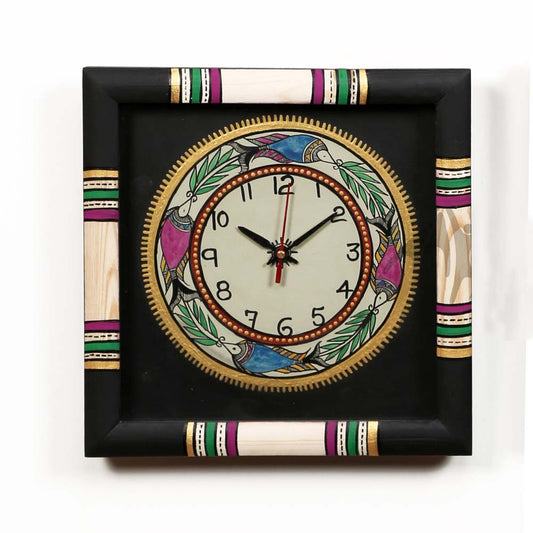 Wall Clock Handcrafted Warli Art Blk With Glass Frame