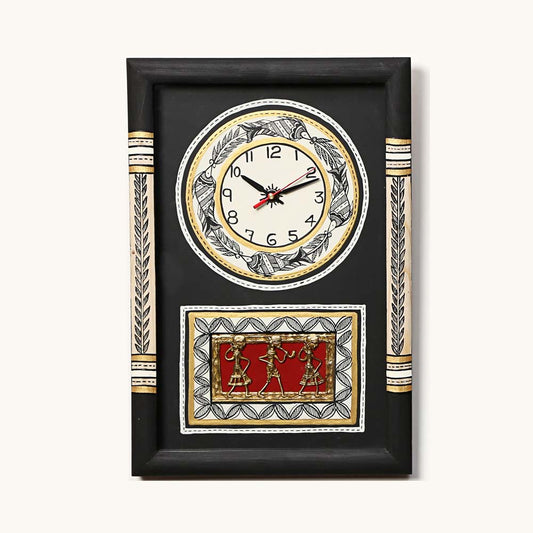 Wall Clock Handcrafted Warli/Dhokra Art Blk Dial With Glass Frame