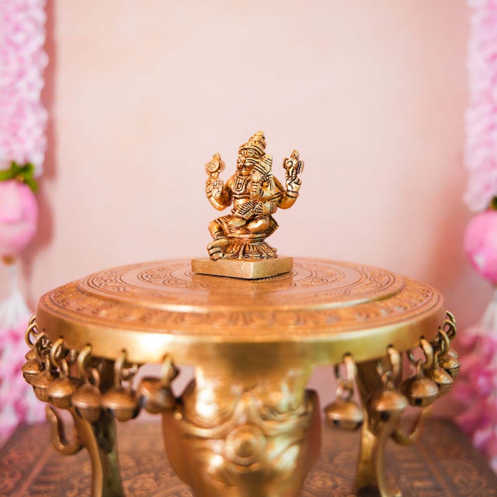 Handcrafted Brass Lakshmi Narasimha Idol featuring intricate detailing, ideal for home temples and Navaratri decor.