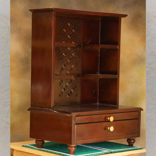 Handcrafted teakwood Puja Mandapam with a rosewood finish, featuring intricate latticework, multiple shelves, and storage drawers.