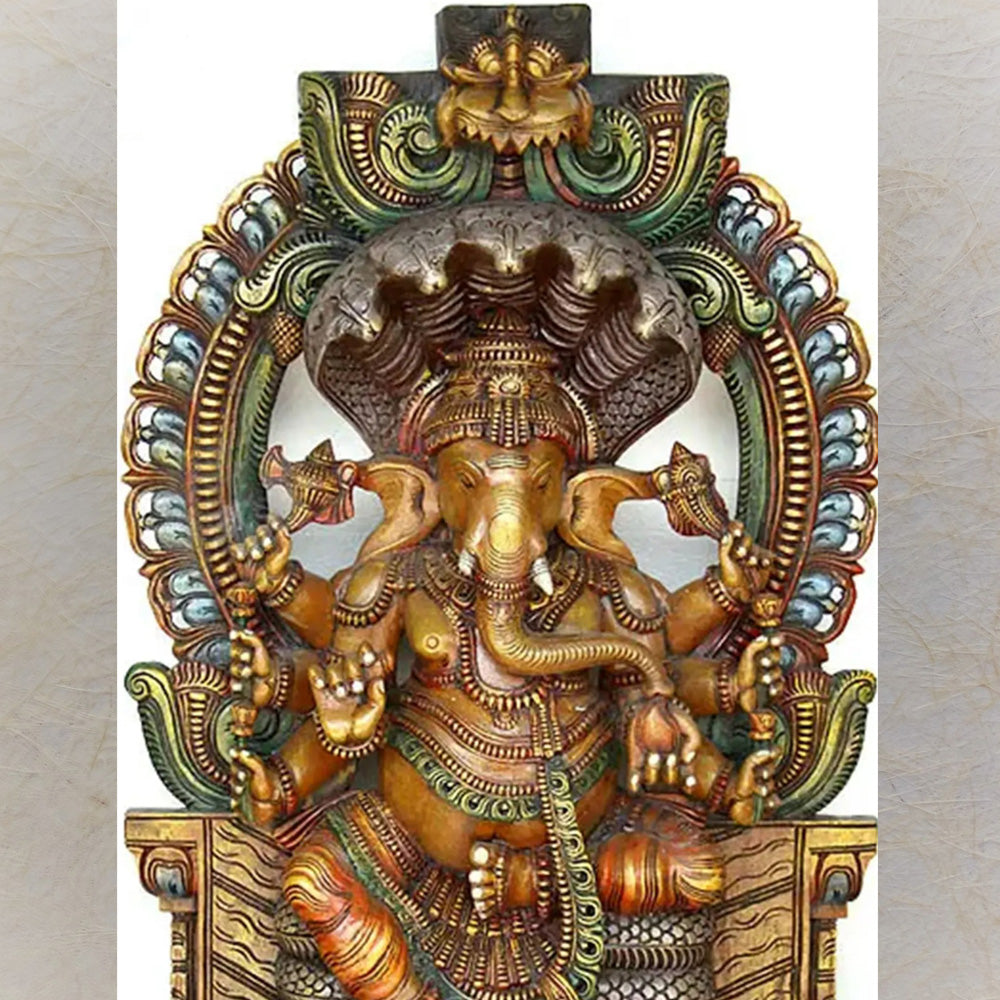 Ashtabhuja Lord Ganesha Seated On Kirtimukha Throne - Vaagai Wood Handcrafted Statue