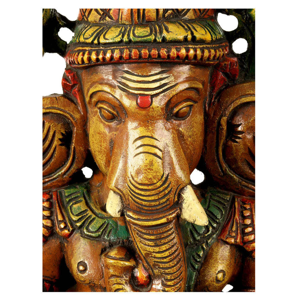 Lotus-Seated Ganesha Enshrining Prabhavali – Handcrafted Wooden Statue With Vibrant Detailing