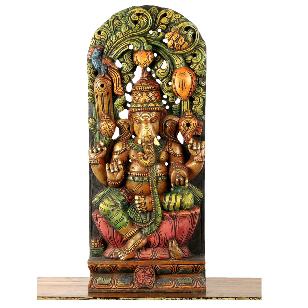 Lotus-Seated Ganesha Enshrining Prabhavali – Handcrafted Wooden Statue With Vibrant Detailing