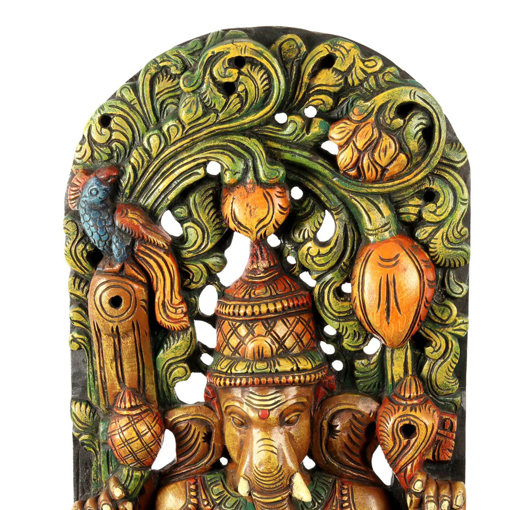 Lotus-Seated Ganesha Enshrining Prabhavali – Handcrafted Wooden Statue With Vibrant Detailing