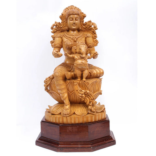 Seated Gauri-Ganesha Wood Statue – Handcrafted Traditional Wooden Sculpture