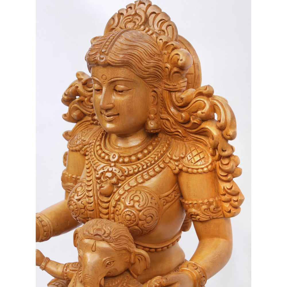 Seated Gauri-Ganesha Wood Statue – Handcrafted Traditional Wooden Sculpture