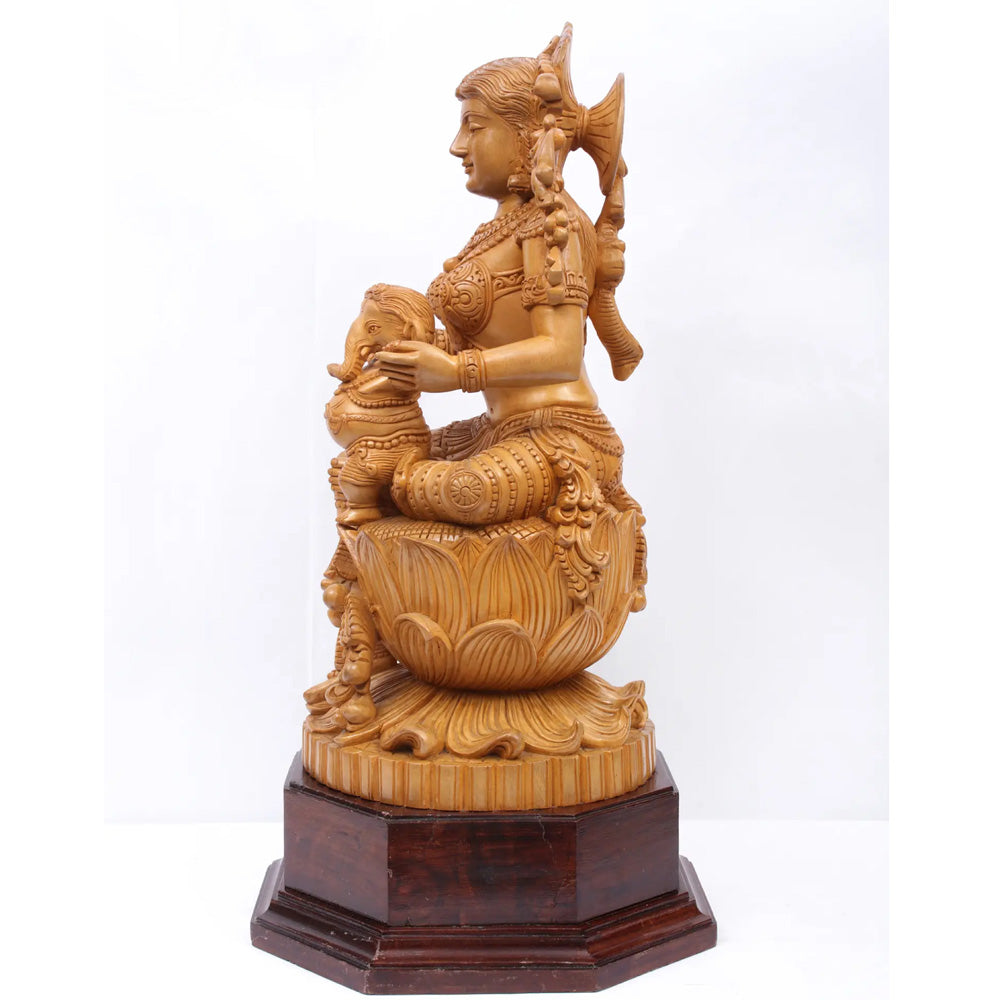 Seated Gauri-Ganesha Wood Statue – Handcrafted Traditional Wooden Sculpture