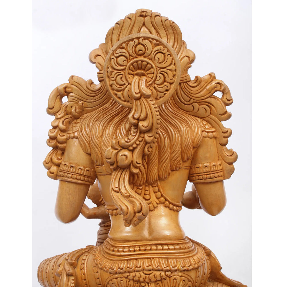 Seated Gauri-Ganesha Wood Statue – Handcrafted Traditional Wooden Sculpture