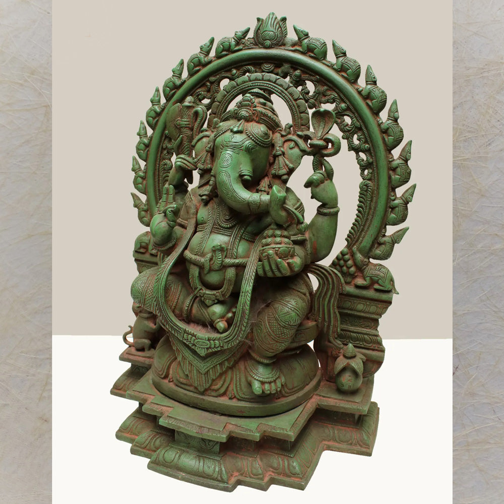 Sitting Lord Ganesha Ji With Temple Arch – Handcrafted Brass Statue With Intricate Detailing