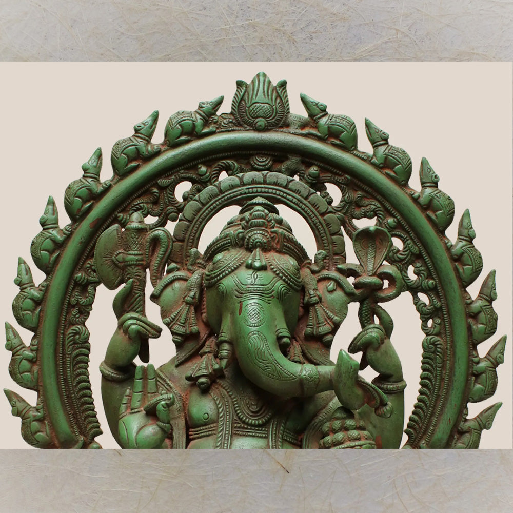 Sitting Lord Ganesha Ji With Temple Arch – Handcrafted Brass Statue With Intricate Detailing