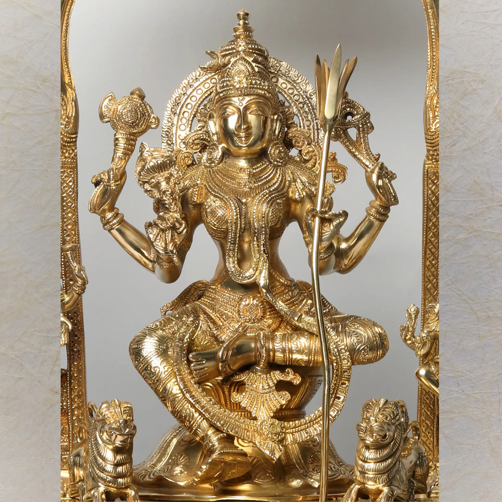 Superfine Tripura Sundari With Ganesha And Lakshmi – Handcrafted Brass Statue With Intricate Detailing