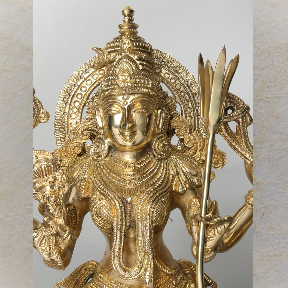 Superfine Tripura Sundari With Ganesha And Lakshmi – Handcrafted Brass Statue With Intricate Detailing