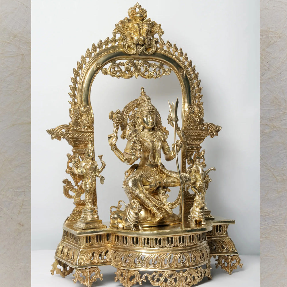 Superfine Tripura Sundari With Ganesha And Lakshmi – Handcrafted Brass Statue With Intricate Detailing