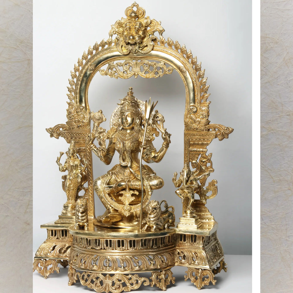 Superfine Tripura Sundari With Ganesha And Lakshmi – Handcrafted Brass Statue With Intricate Detailing