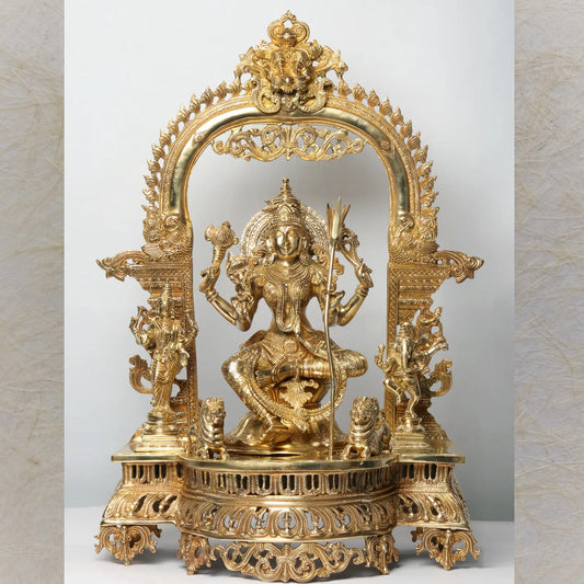 Superfine Tripura Sundari With Ganesha And Lakshmi – Handcrafted Brass Statue With Intricate Detailing