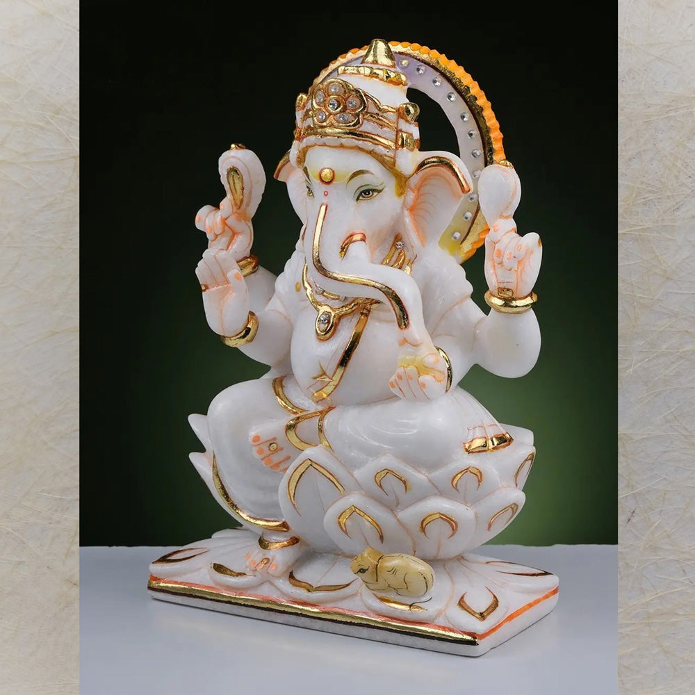 Lord Ganesha Seated On Lotus – Handcrafted Marble Statue With Gold Detailing