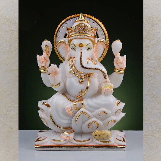 Lord Ganesha Seated On Lotus – Handcrafted Marble Statue With Gold Detailing