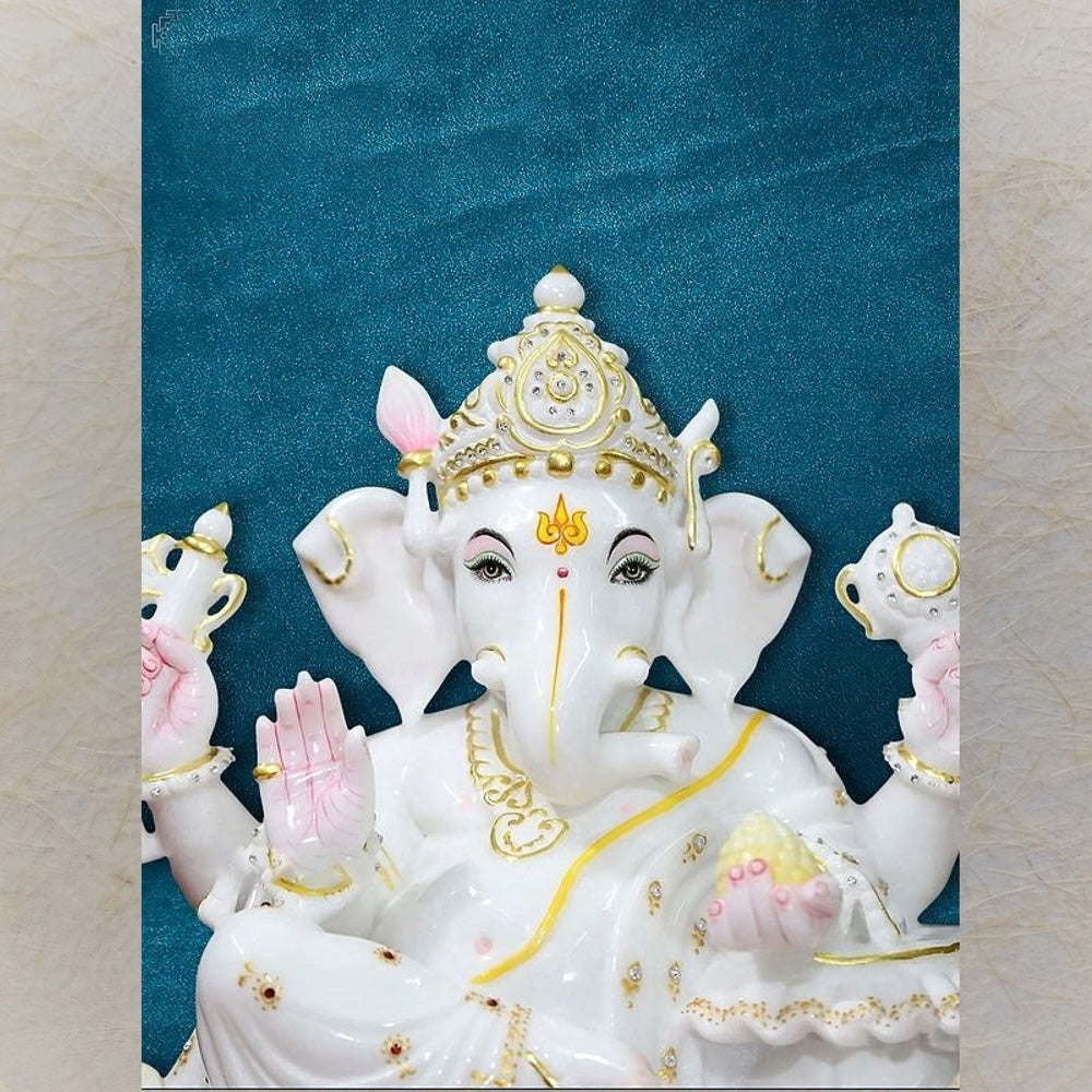 Chaturbhuj Lord Ganesha Glossy Statue In Marble - Handcrafted Spiritual Decor