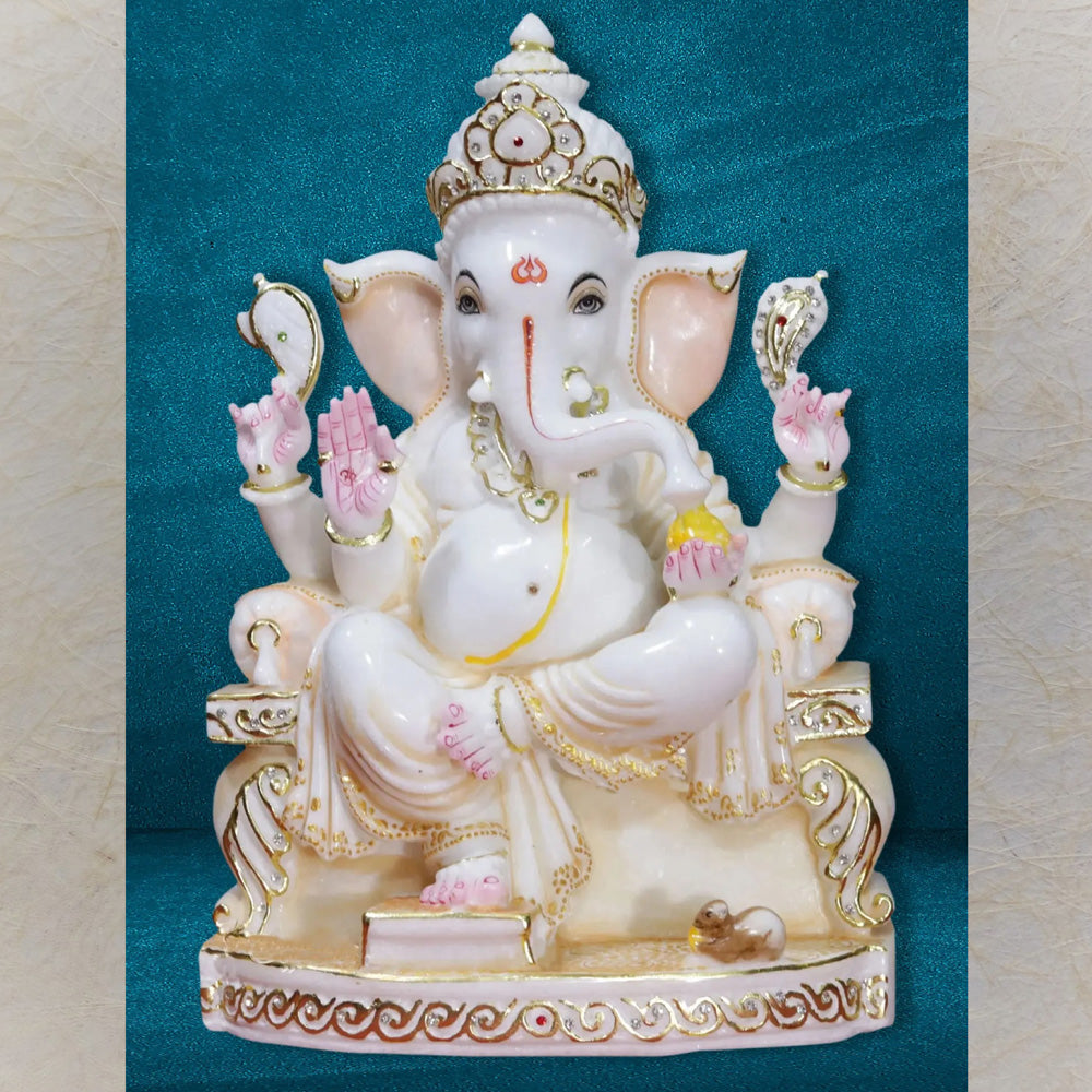 Chaturbhuj Lord Ganesha Glossy Statue In Marble - Handcrafted Spiritual Decor