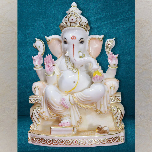 Chaturbhuj Lord Ganesha Glossy Statue In Marble - Handcrafted Spiritual Decor