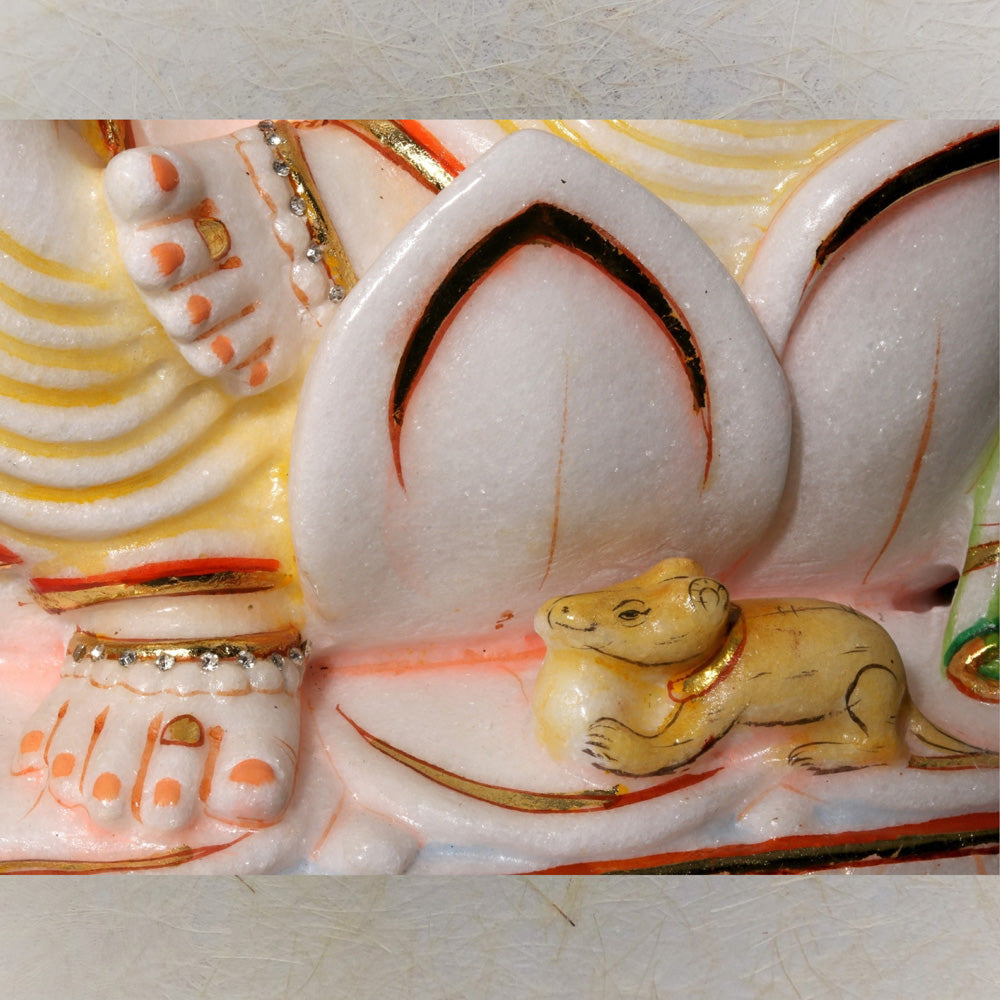 Lord Ganesha Seated On Lotus – Handcrafted Marble Statue With Gold Detailing