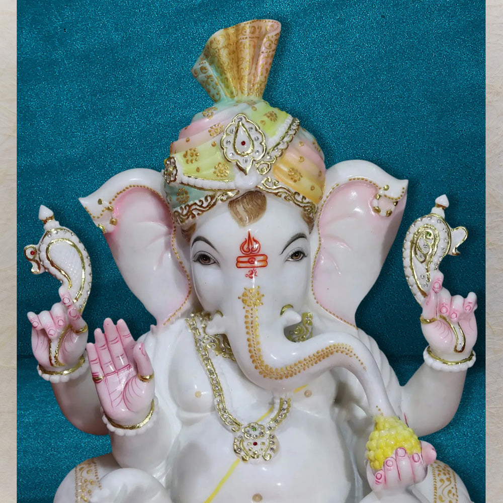 Lord Ganesha With Turban – Handcrafted White Marble Statue With Gold Detailing