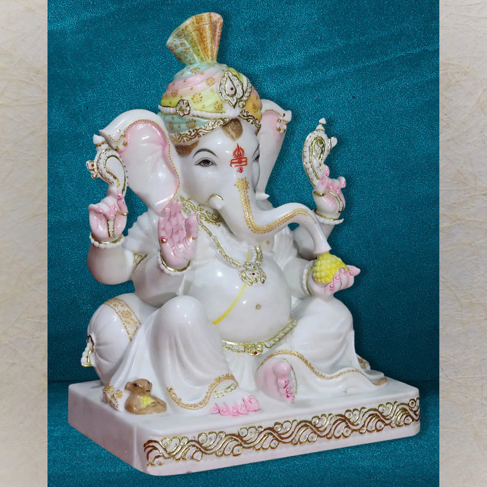 Lord Ganesha With Turban – Handcrafted White Marble Statue With Gold Detailing