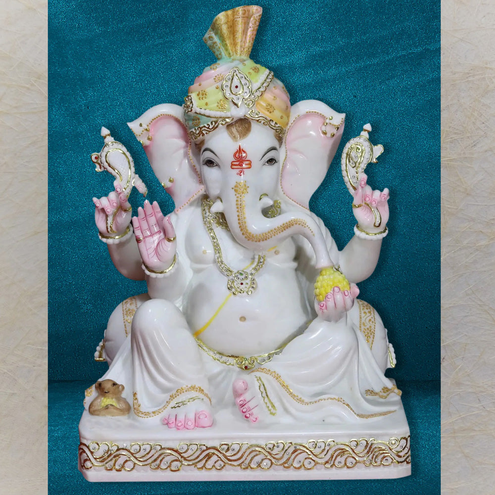 Lord Ganesha With Turban – Handcrafted White Marble Statue With Gold Detailing