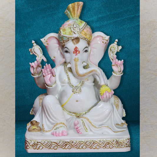 Lord Ganesha With Turban – Handcrafted White Marble Statue With Gold Detailing