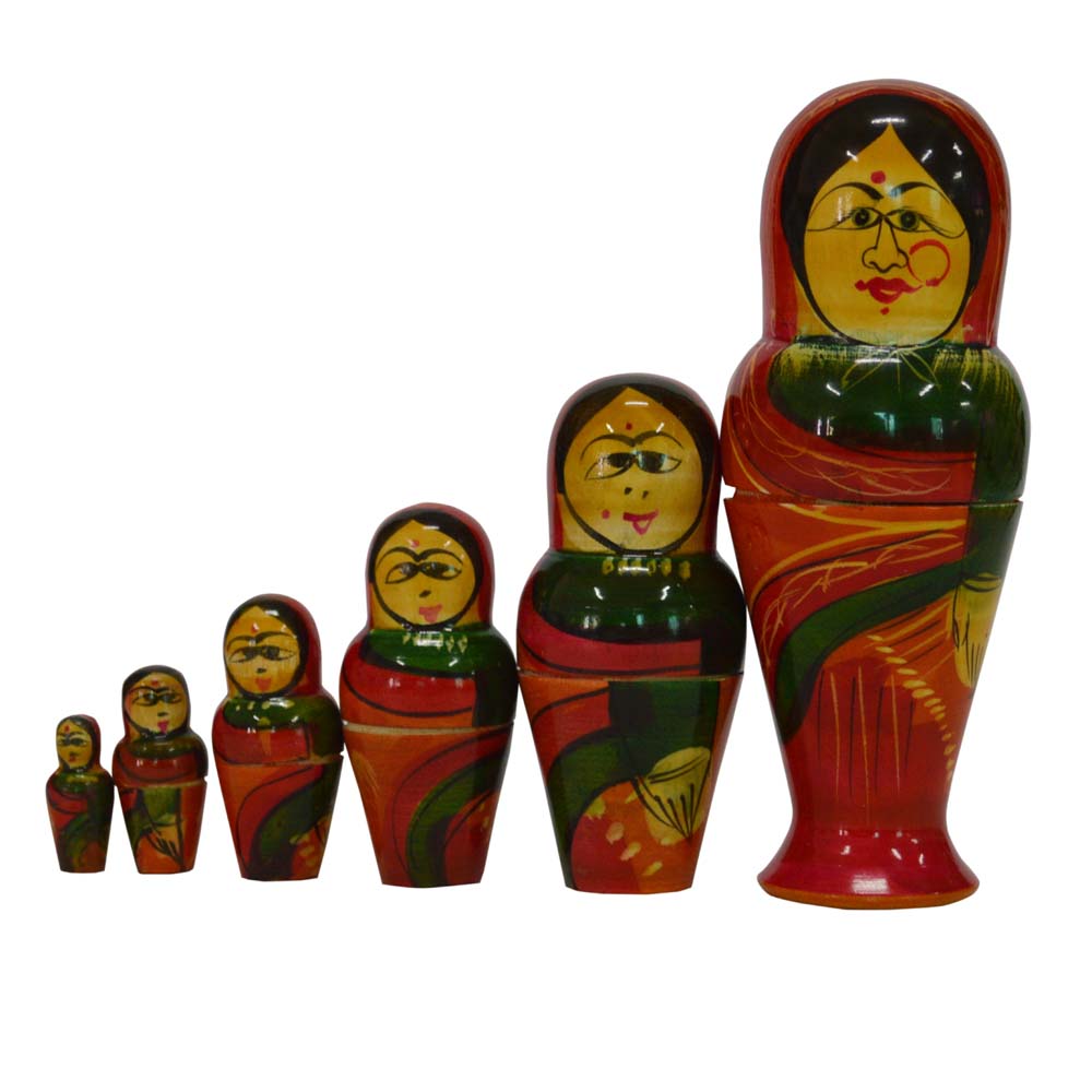 Handcrafted 6-in-1 nesting lady wooden dolls with colorful traditional Indian designs, perfect for decor or Navarathri Golu.