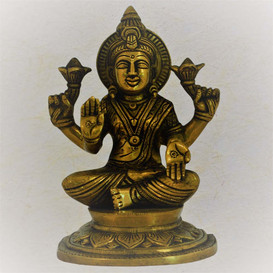 Eternal Lakshmi Idol in antique brass finish, seated on a lotus with intricate detailing.