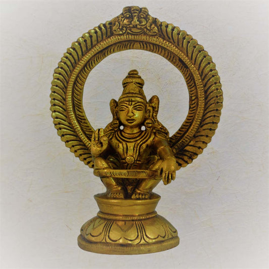 Eternal Iyyappan Idol in antique brass finish, seated in a meditative posture within a detailed Prabhavali arch.