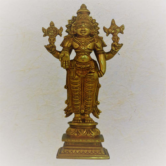 Eternal Perumal Idol in antique brass finish, intricately detailed with conch and discus.