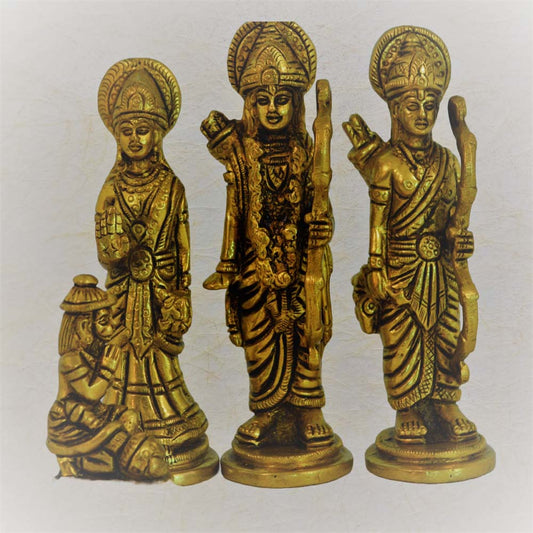 Eternal Ram Darbar Set in antique brass finish, featuring Lord Ram, Sita, Lakshman, and Hanuman with intricate detailing.