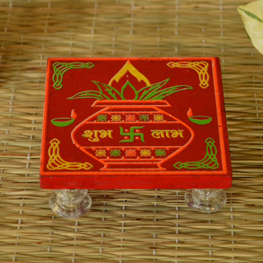 Wooden puja stool with Kalash design and Shubh Laxmi inscription.