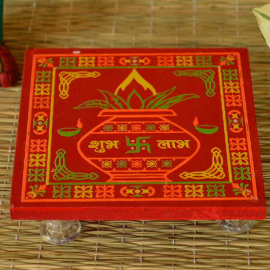 Wooden puja stool with Kalash design and Shubh Laxmi inscription in red color.