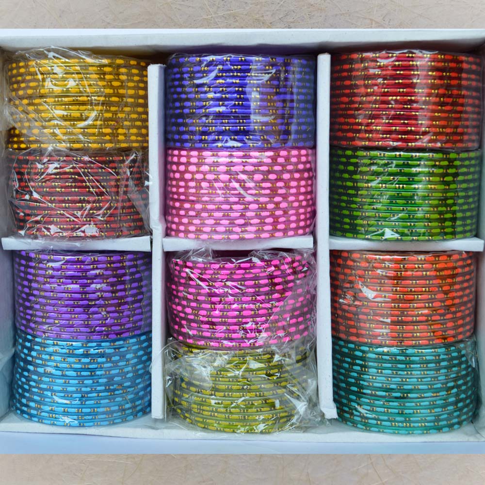 Box of 12 colorful glass bangles featuring double-tone dotted patterns, ideal for festive occasions, weddings, and everyday wear.