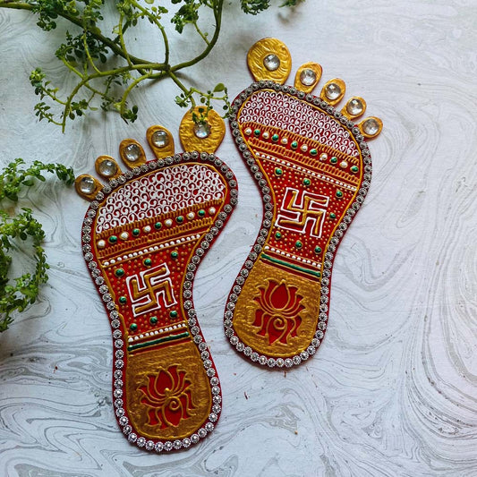 Fancy Paatham Set, large decorative footprints with rhinestones, swastika, lotus, and vibrant embellishments for spiritual and auspicious use.