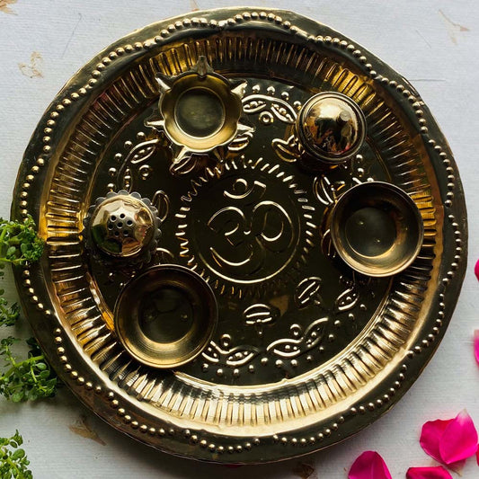 Brass Eternal Pooja Thali with Om symbol and brass cups, perfect for pooja rituals and home decor.