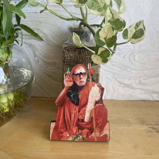 Mahaperiyava Blessing Photo Stand - 4 inches with a vibrant image of the revered sage on a sturdy wooden base, ideal for devotional spaces.