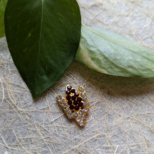 Traditional Naamam sticker with ruby-red and crystal embellishments on a gold-toned base, displayed on a textured surface with green leaves.