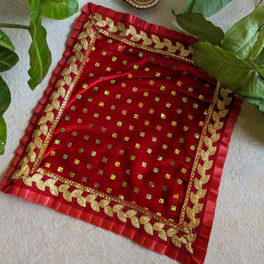 Red Velvet Aasan with Gold Embellishments – 12x12 Square Cloth for Puja