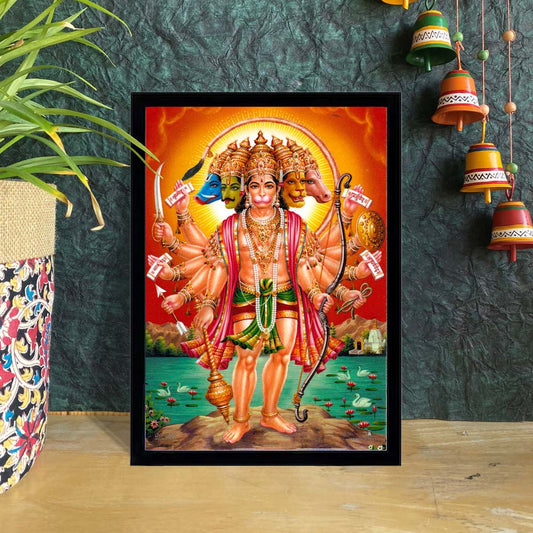 Panchamukhi Hanuman framed artwork featuring the five-faced Lord Hanuman with a radiant halo and multiple divine attributes.