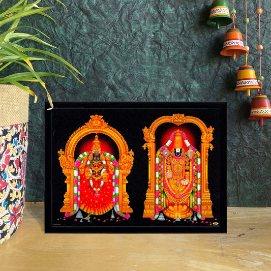 Traditional art frame featuring Lord Perumal and Goddess Thayar in a Tanjore-style design with vivid colors and golden arches.