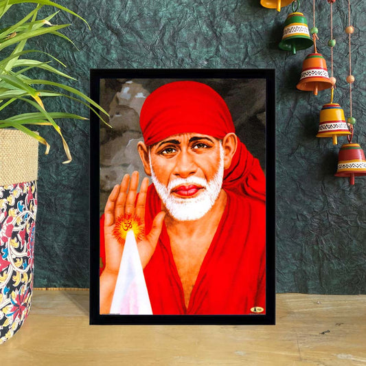 Sai Baba framed art print featuring a spiritual hand gesture and red attire, suitable for home décor.