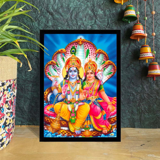 Lord Vishnu and Goddess Lakshmi artwork seated with Shesha Naag, vibrant spiritual wall decor.