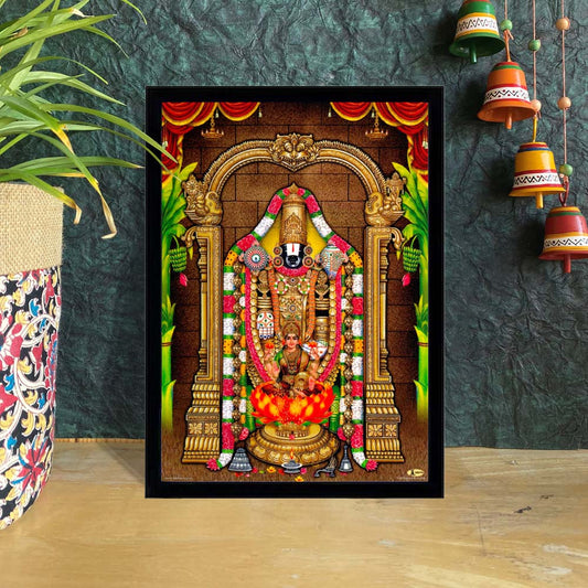 Framed art print of Lord Venkateshwarar (Tirupati Balaji) with intricate temple design, floral garlands, and vibrant decorations.